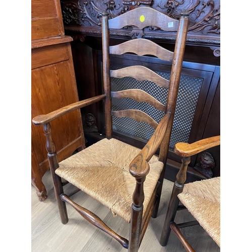 1248 - Pair of matched antique late Early 19th century English ladder back rush seated arm chairs in beech ... 