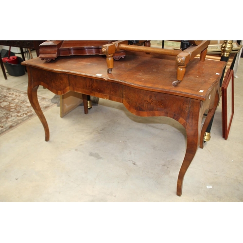 465 - Louis XV style three drawer desk burr walnut and elm veneer a/f, approx 77cm H x 137cm W x 72cm D