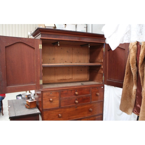 484 - Antique mahogany press on chest, shield mounted two door top, over a six drawer base, approx 216cm H... 
