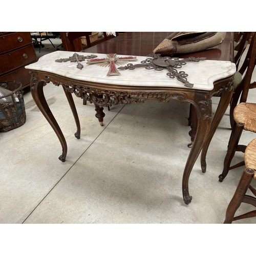 245 - Marble top side console on carved wooden base, approx 81.5cm H x 124cm W x 44cm D