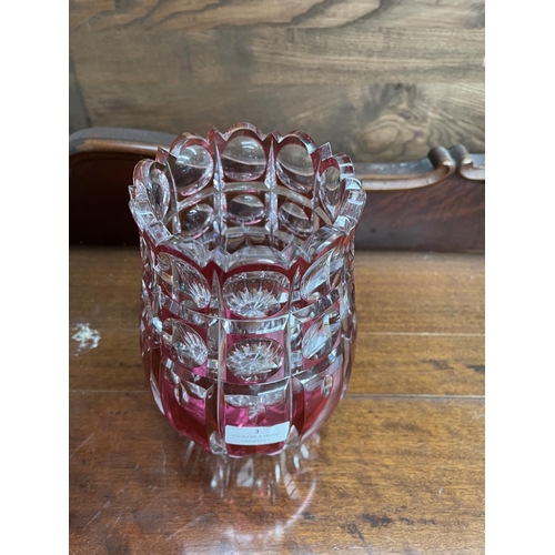 3 - Heavy Good quality ruby glass flashed cut crystal vase, excellent condition, approx 29cm H