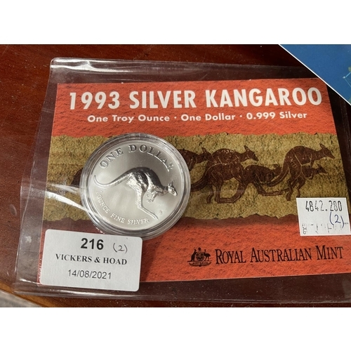 216 - 1993 Silver Kangaroo one dollar coin 0.999 silver along with a 1993nTen Dollar silver coin (2)