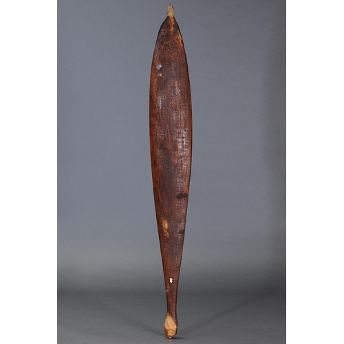 1044 - INCISED SPEAR THROWER (WOOMERA), WESTERN AUSTRALIA, Carved and engraved hardwood (with custom stand)... 