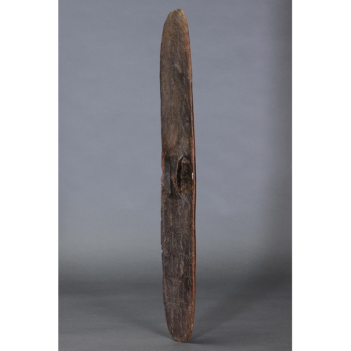 1069 - FINE EARLY LA GRANGE SHIELD, WESTERN AUSTRALIA, Carved and engraved hardwood (with custom stand) La ... 