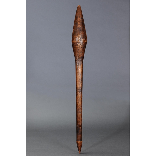 1086 - EARLY ELONGATED BULBOUS CLUB, VICTORIA, Carved and engraved hardwood (with custom stand) Elongated b... 