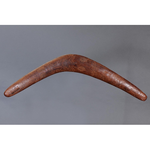 1236 - EARLY ENGRAVED CEREMONIAL BOOMERANG, WESTERN AUSTRALIA, Carved and engraved hardwood (with custom st... 