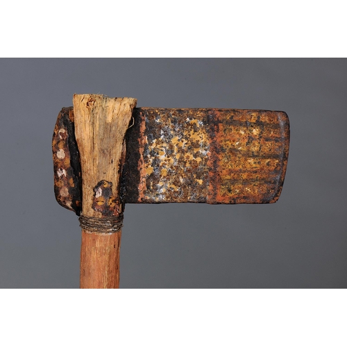 1274 - RARE STEEL HAFTED AXE, ARNHEM LAND, NORTHERN TERRITORY, Steel, bent wood, spinifex resin and natural... 