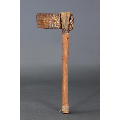 1274 - RARE STEEL HAFTED AXE, ARNHEM LAND, NORTHERN TERRITORY, Steel, bent wood, spinifex resin and natural... 
