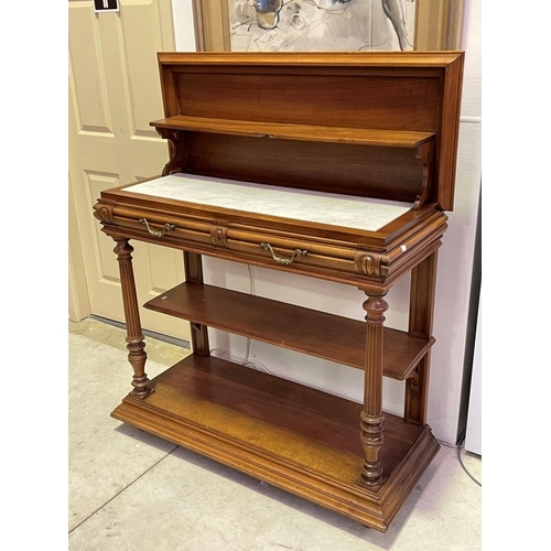 242 - Antique French Henri II revival walnut servery, with lift up top, marble inset surface, and shelf, t... 