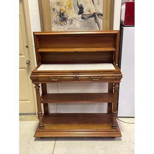 242 - Antique French Henri II revival walnut servery, with lift up top, marble inset surface, and shelf, t... 