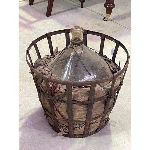 248 - Antique French Glass wine makers bottle in metal cage, approx 50cm