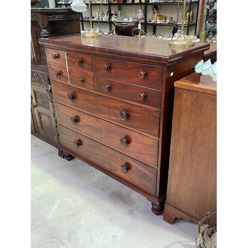 249 - Antique Australian cedar five drawer chest with key on turned feet, approx 125cm W x 120cm H