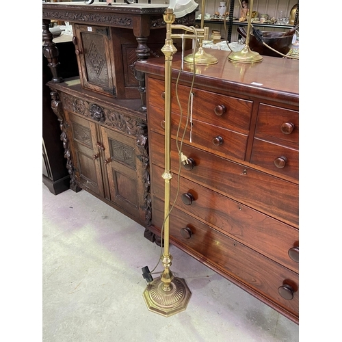 250 - Two goose neck brass lamps with frosted tulip shades along with a brass standard lamp, approx 145cm ... 