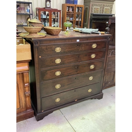 253 - Late Georgian Mahogany chest of five drawers with panelled fascia and corner roundels all on bracket... 