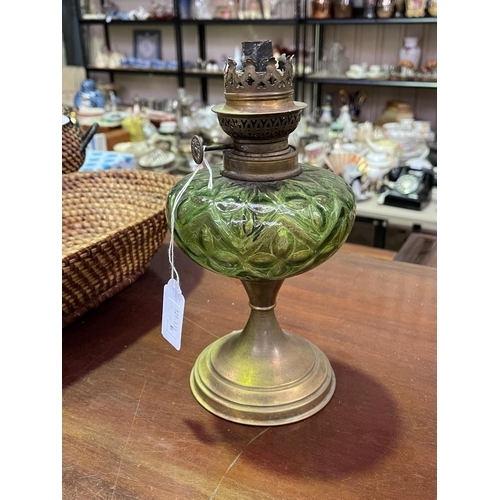 255 - French oil lamp, with green glass reservoir, approx 24cm H