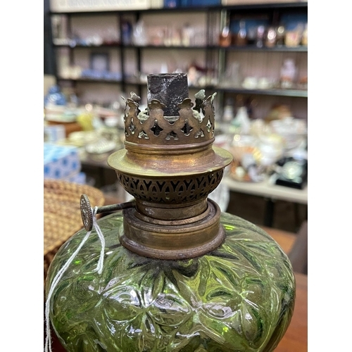 255 - French oil lamp, with green glass reservoir, approx 24cm H