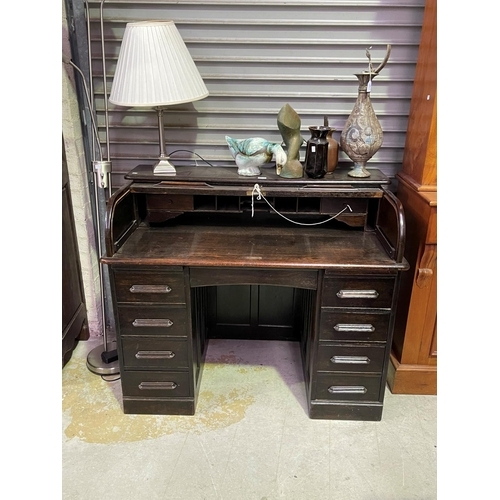 263 - Vintage Oak roll top twin pedestal desk, approx 100cm H x 122cm W x 68cm D