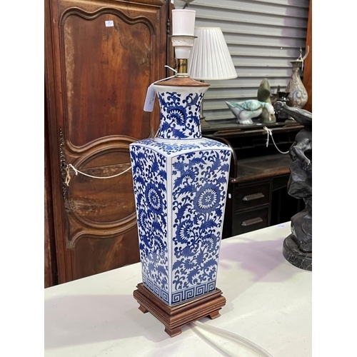 268 - Pair of Chinese blue and white square tapering lamps, wooden bases, approx 52cm including fittings  ... 