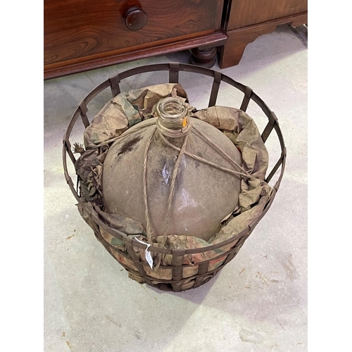 272 - Antique French Glass wine makers bottle in metal cage, approx 50cm