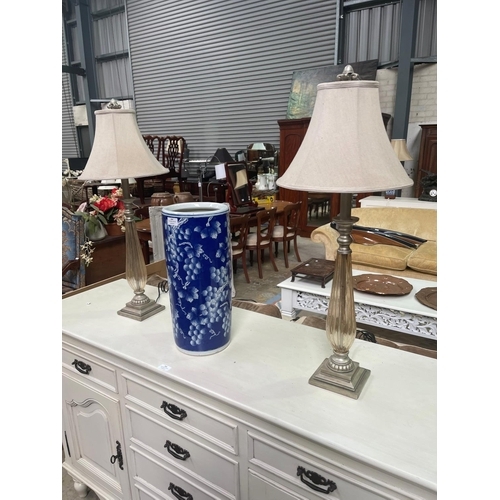 283 - Pair of modern table lamps with smoke glass bodies, approx 77cm H