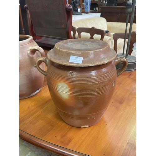 297 - Two antique French stoneware pots, one with lid each approx 30cm H x 35cm Dia (inc handles) (2)