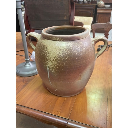 297 - Two antique French stoneware pots, one with lid each approx 30cm H x 35cm Dia (inc handles) (2)