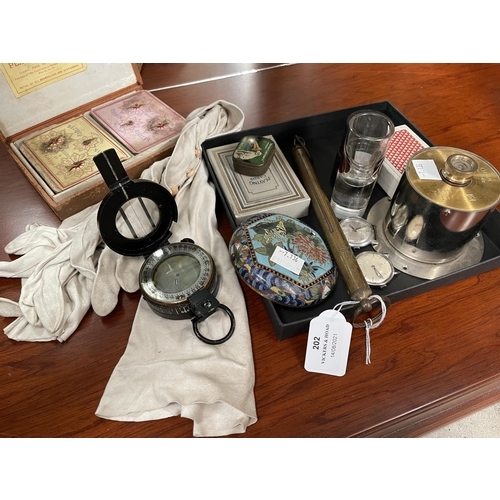 202 - Assorted estate items, two vintage Gents watches, Military compass, brass bean scales, tin, etc