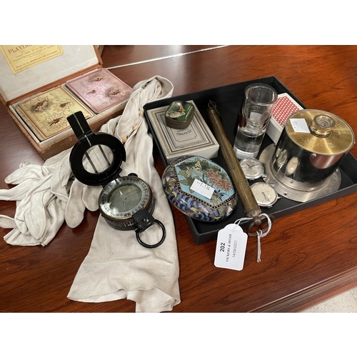 202 - Assorted estate items, two vintage Gents watches, Military compass, brass bean scales, tin, etc