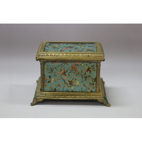 11 - Vintage French gilt, painted wooden panel  metal casket box, decorated with butterflies, flowers & b... 