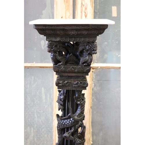113 - Oriental export carved wood jardiniere stand, with white marble top, approx 103cm H x 52cm W x 46cm ... 