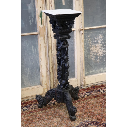 113 - Oriental export carved wood jardiniere stand, with white marble top, approx 103cm H x 52cm W x 46cm ... 