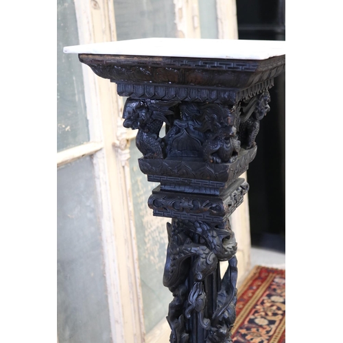 113 - Oriental export carved wood jardiniere stand, with white marble top, approx 103cm H x 52cm W x 46cm ... 