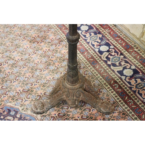 134 - Antique French cast iron base pedestal bistro table, with circular marble top, approx 70cm H x 60cm ... 