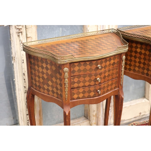 14 - Pair of quality French Louis XV style parquetry nightstands with brass gallery, unique checkered wor... 