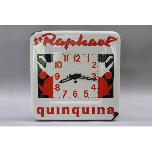 141 - Vintage 1950s French enamel advertising wall clock, marked St Raphael Quinquina, has key & pendulum,... 