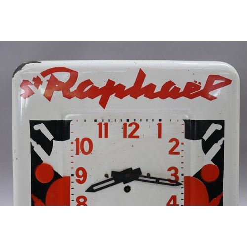 141 - Vintage 1950s French enamel advertising wall clock, marked St Raphael Quinquina, has key & pendulum,... 