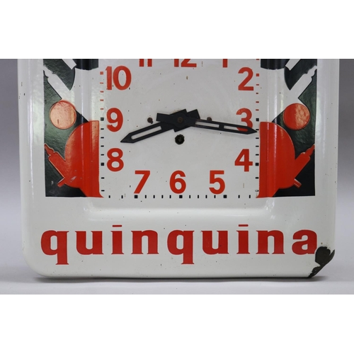 141 - Vintage 1950s French enamel advertising wall clock, marked St Raphael Quinquina, has key & pendulum,... 