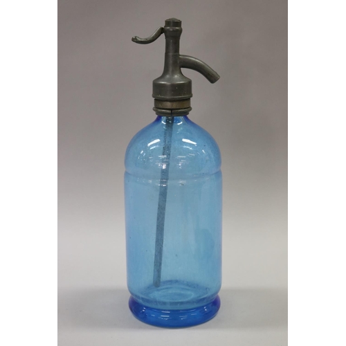 151 - Vintage French blue coloured glass soda siphon, approx 33cm H