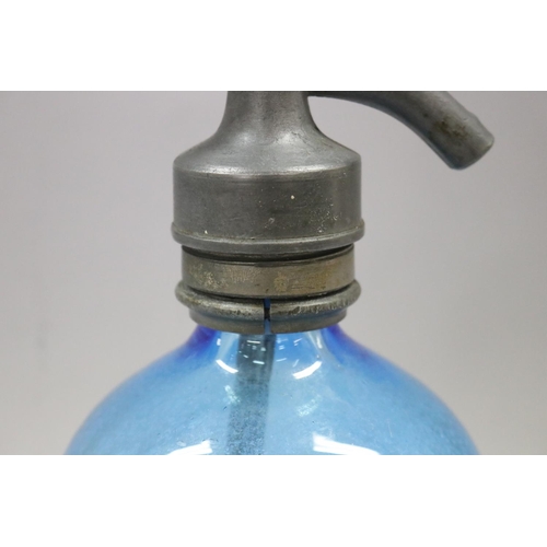 151 - Vintage French blue coloured glass soda siphon, approx 33cm H