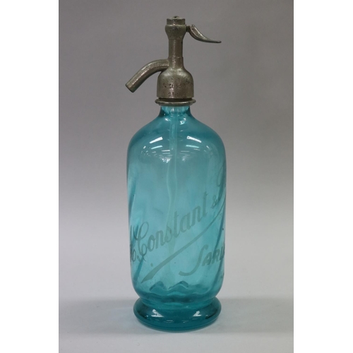 152 - Vintage French aqua green coloured glass soda siphon, marked A.Constance & Fil, Sarlat Paris, approx... 