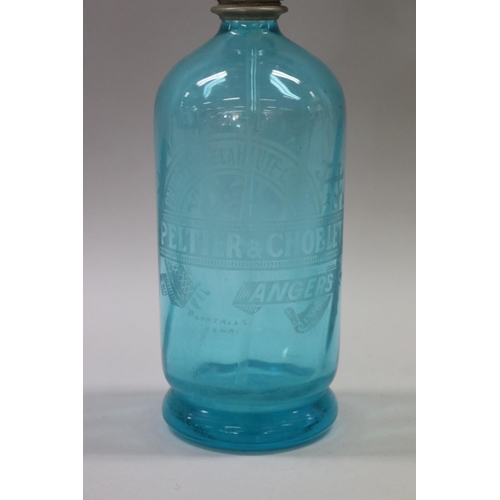 153 - Vintage French blue coloured glass soda siphon, marked Peltier & Choblet, Angers, approx 31cm H