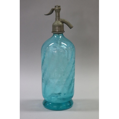 154 - Vintage French blue coloured glass soda siphon, marked Peltier & Choblet, Angers, approx 32cm H