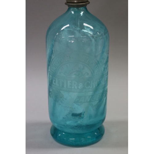 154 - Vintage French blue coloured glass soda siphon, marked Peltier & Choblet, Angers, approx 32cm H