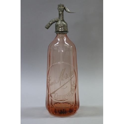 155 - Vintage French pink coloured glass soda siphon, marked Louis Moreau, approx 32cm H