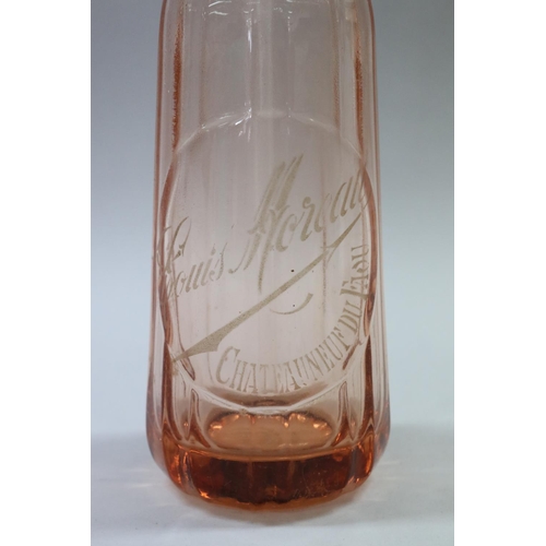 155 - Vintage French pink coloured glass soda siphon, marked Louis Moreau, approx 32cm H