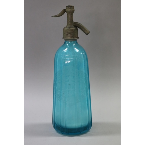 156 - Vintage French blue coloured glass soda siphon, marked M. Moreau, Cholet, approx 31cm H