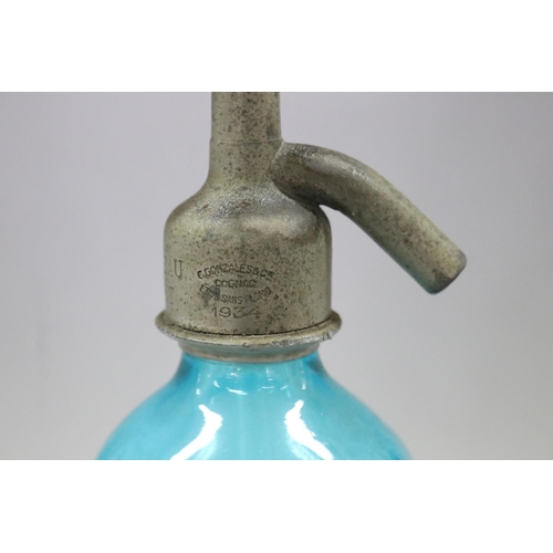 156 - Vintage French blue coloured glass soda siphon, marked M. Moreau, Cholet, approx 31cm H