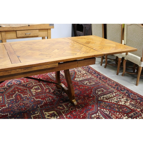 158 - French 18th century style Spanish oak parquetry top dining table, with hand forged wrought iron stre... 