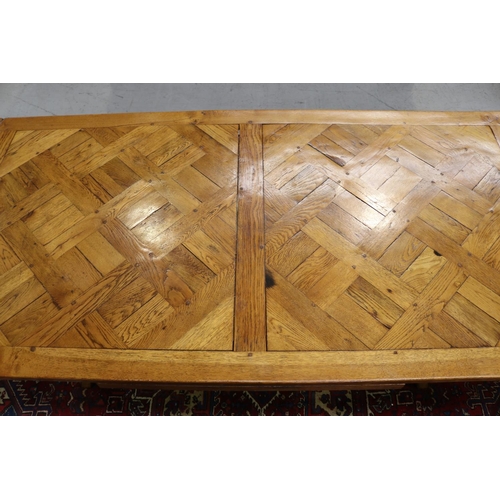 158 - French 18th century style Spanish oak parquetry top dining table, with hand forged wrought iron stre... 