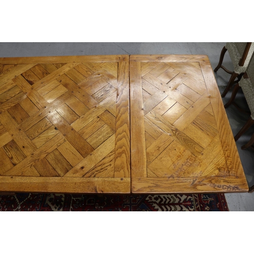 158 - French 18th century style Spanish oak parquetry top dining table, with hand forged wrought iron stre... 